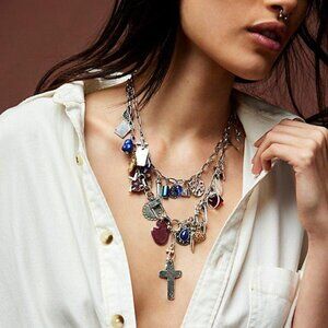 FREE PEOPLE Maxamillion Charm Cross My Heart Necklace In Silver NWT